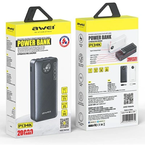 Powerbank AWEI P134K 20000mAh czarny/black wyświetlacz + kable USB/PD/Lightning/microUSB