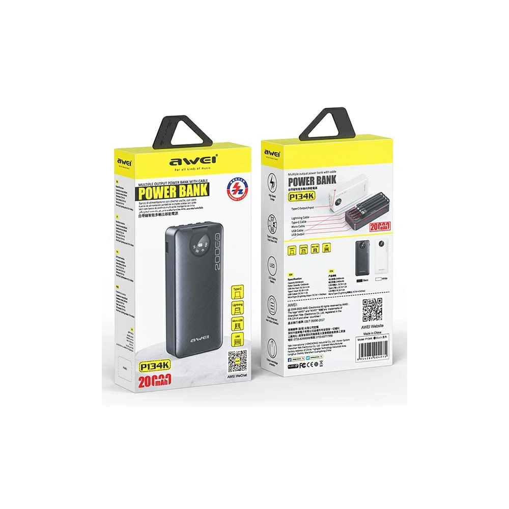 Hurtownia GSM - Powerbanka AWEI P134K 20000mAh černá/black s displejem + kabely USB/PD/Lightning/microUSB - AWEI132 - {ean13} - Hurt