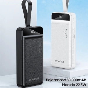 Hurtownia GSM - Powerbank AWEI P140K 30000mAh 22.5W czarny/black 3xUSB/PD/Lightning wyświetlacz + lampka LED - AWEI133 - {ean13} - Hurt