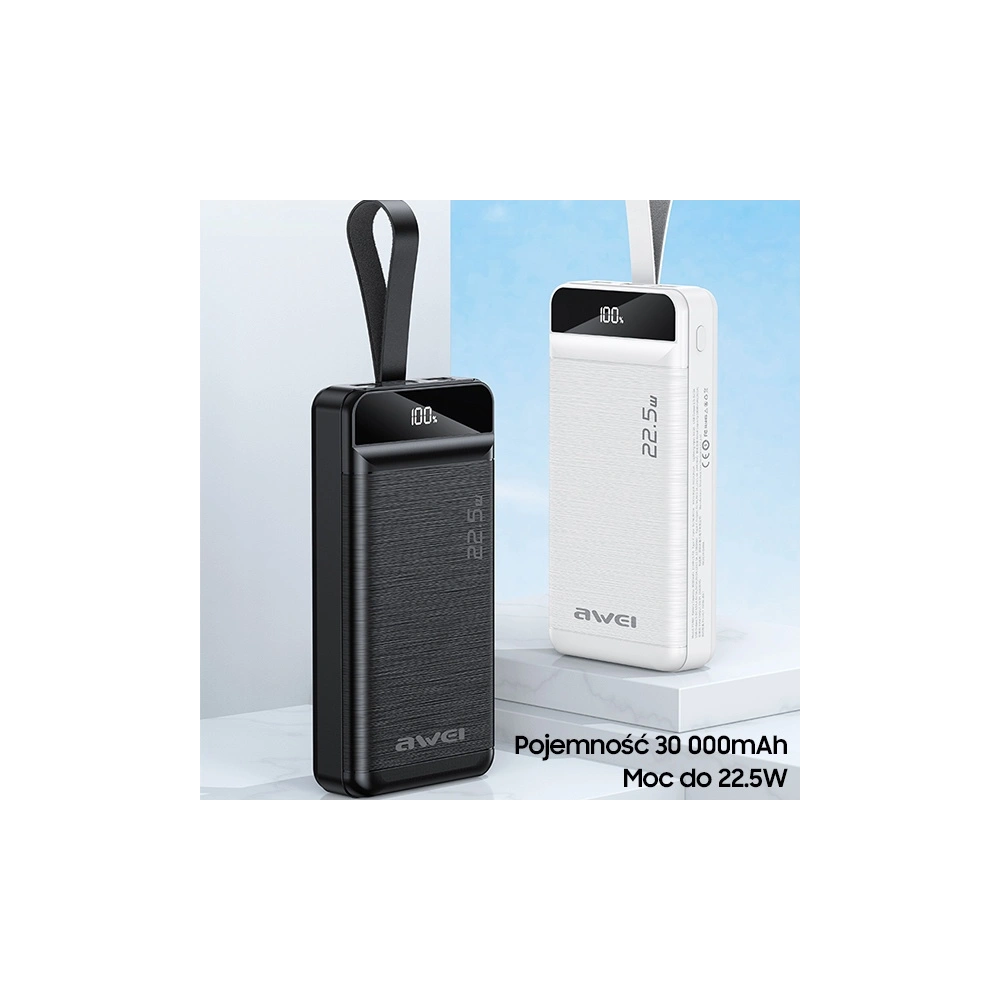Hurtownia GSM - Powerbank AWEI P140K 30000mAh 22.5W černý/black 3xUSB/PD/Lightning displej + LED světlo - AWEI133 - {ean13} - Hurt