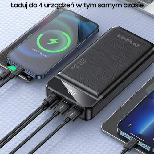 Powerbank AWEI P140K 30000mAh 22.5W czarny/black 3xUSB/PD/Lightning wyświetlacz + lampka LED