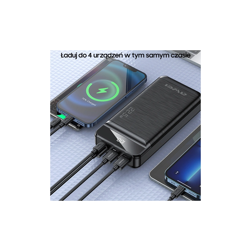 Hurtownia GSM - Powerbank AWEI P140K 30000mAh 22.5W černý/black 3xUSB/PD/Lightning displej + LED světlo - AWEI133 - {ean13} - Hurt