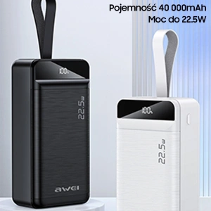 Hurtownia GSM - Powerbank AWEI P141K 40000mAh 22.5W czarny/black 3xUSB/PD/Lightning wyświetlacz + lampka LED - AWEI134 - {ean13} - Hurt