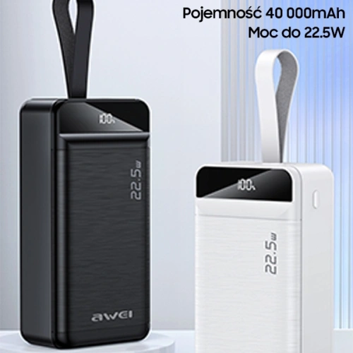 Powerbank AWEI P141K 40000mAh 22.5W czarny/black 3xUSB/PD/Lightning wyświetlacz + lampka LED