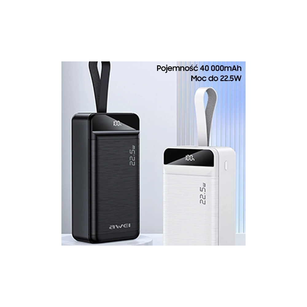 Hurtownia GSM - Powerbank AWEI P141K 40000mAh 22.5W negru/black 3xUSB/PD/Lightning display + lumânare LED - AWEI134 - {ean13} - Hurt
