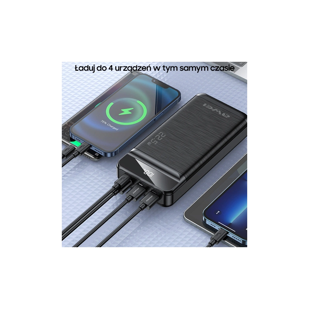 Wholesale AWEI P141K Powerbank 40000mAh 22.5W black 3xUSB/PD/Lightning Display + LED Light - AWEI134 - {ean13} - Hurt