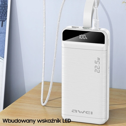 Powerbank AWEI P141K 40000mAh 22.5W czarny/black 3xUSB/PD/Lightning wyświetlacz + lampka LED