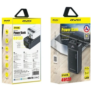 AWEI P141K 40000mAh 22.5W powerbank fekete/black 3xUSB/PD/Lightning kijelző + LED lámpa