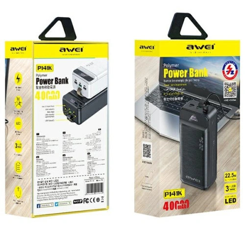Powerbank AWEI P141K 40000mAh 22.5W czarny/black 3xUSB/PD/Lightning wyświetlacz + lampka LED