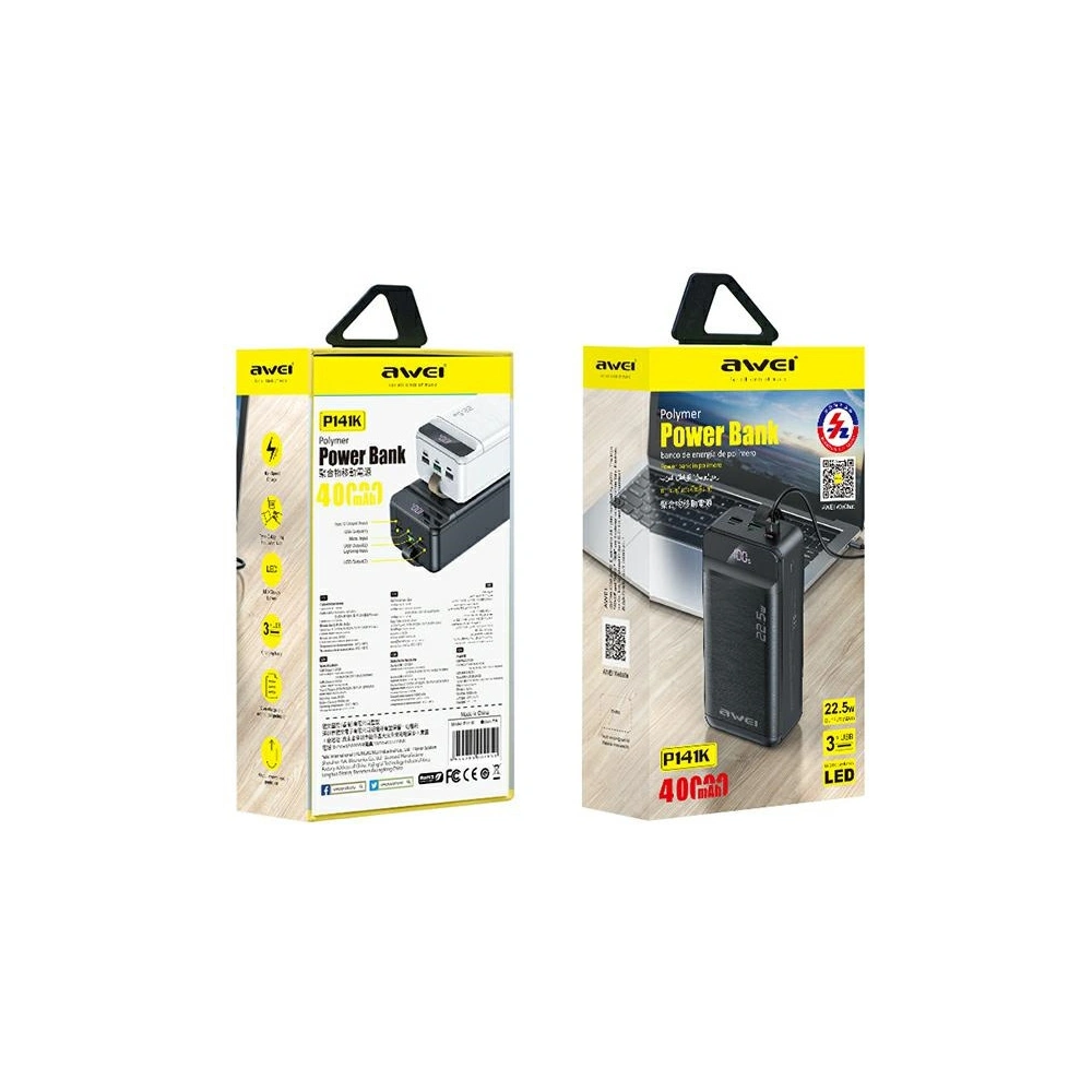 Hurtownia GSM - Powerbank AWEI P141K 40000mAh 22.5W schwarz/black 3xUSB/PD/Lightning Bildschirm + LED-Lampe - AWEI134 - {ean13} - Hurt
