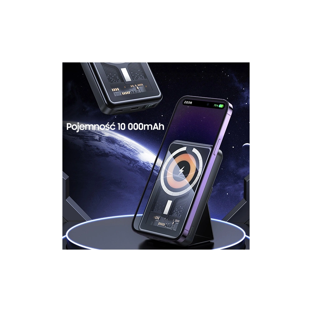 Hurtownia GSM - Powerbank AWEI P155K 10000mAh 15W Magnetic Vezeték nélküli Gyors Töltés állvánnyal Lightning/PD fekete/black - AWEI135 - {ean13} - Hurt