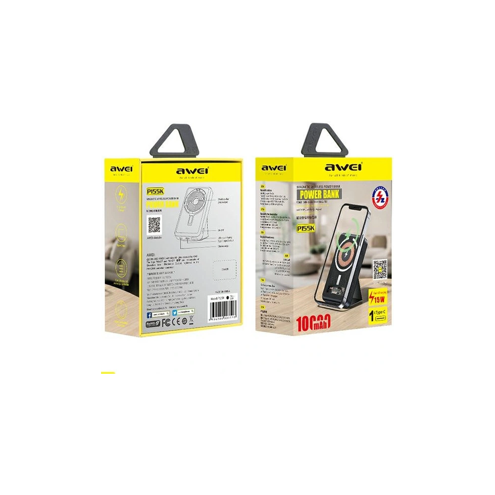 Hurtownia GSM - Powerbank AWEI P155K 10000mAh 15W Magnetic Vezeték nélküli Gyors Töltés állvánnyal Lightning/PD fekete/black - AWEI135 - {ean13} - Hurt