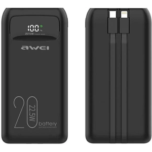 Hurtownia GSM - Powerbank AWEI P169K 20000mAh 22.5W černý/black s displejem + kabely PD/Lightning - AWEI136 - {ean13} - Hurt