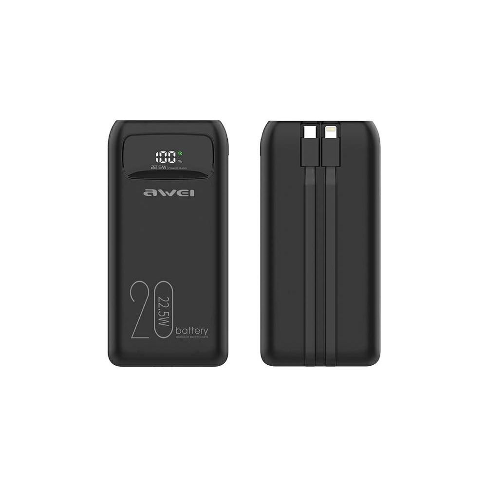 Hurtownia GSM - Powerbank AWEI P169K 20000mAh 22.5W negru/black cu display + cabluri PD/Lightning - AWEI136 - {ean13} - Hurt