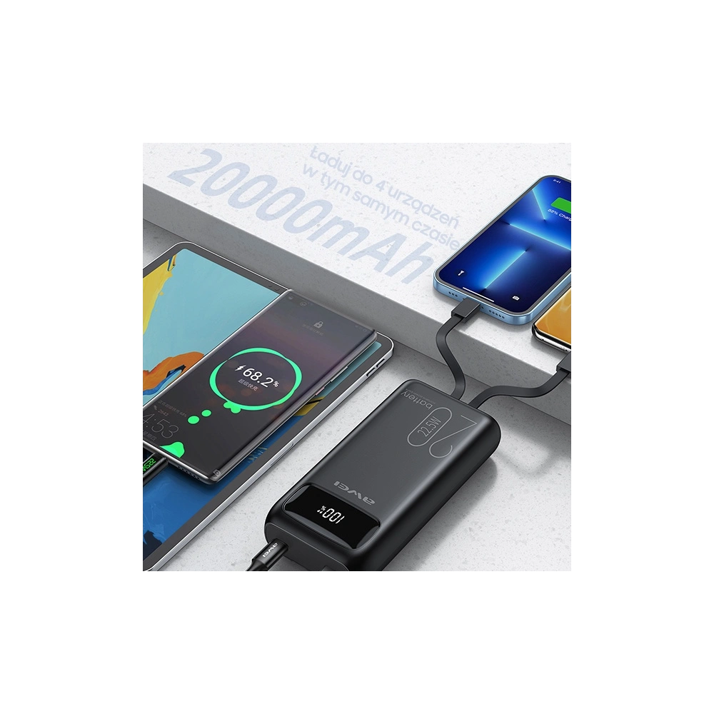Hurtownia GSM - AWEI P169K 20000mAh 22.5W fekete/black powerbank kijelzővel + PD/Lightning kábelek - AWEI136 - {ean13} - Hurt