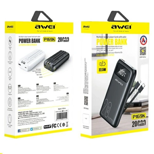 Powerbank AWEI P169K 20000mAh 22.5W czarny/black wyświetlacz + kable PD/Lightning