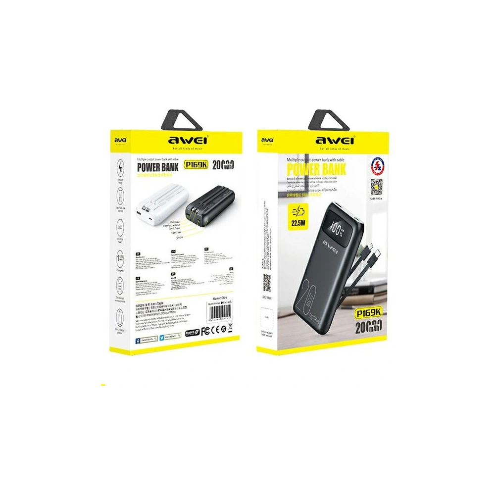 Hurtownia GSM - AWEI P169K 20000mAh 22.5W fekete/black powerbank kijelzővel + PD/Lightning kábelek - AWEI136 - {ean13} - Hurt