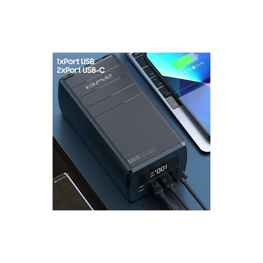 Hurtownia GSM - AWEI P171K 60000mAh 65W fekete/black Powerbank USB/2xPD kijelzővel - AWEI137 - {ean13} - Hurt