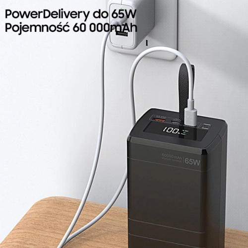 Powerbank AWEI P171K 60000mAh 65W czarny/black USB/2xPD wyświetlacz