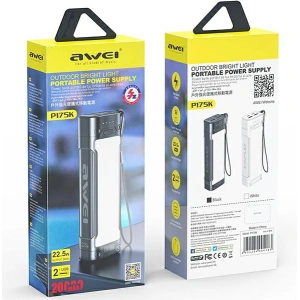 AWEI P175K 20000mAh 22.5W powerbank fekete/black 2xUSB/PD + LED lámpa