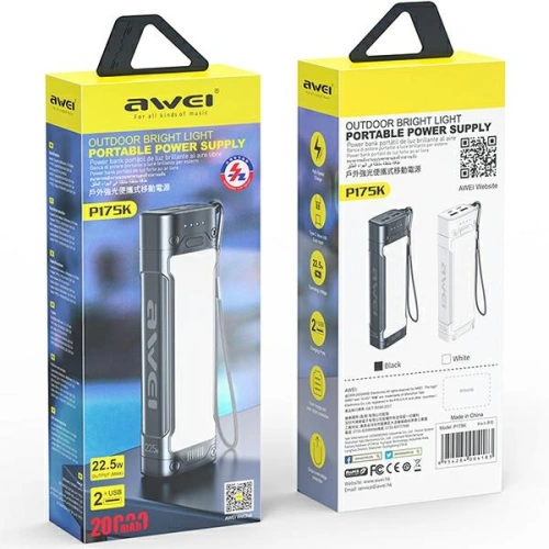 Powerbank AWEI P175K 20000mAh 22.5W czarny/black 2xUSB/PD + lampka LED