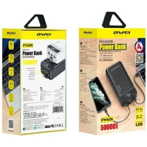 Hurtownia GSM - Powerbank AWEI P142K 50000mAh 22.5W czarny/black 3xUSB/PD/Lightning wyświetlacz + lampka LED - AWEI141 - {ean13} - Hurt