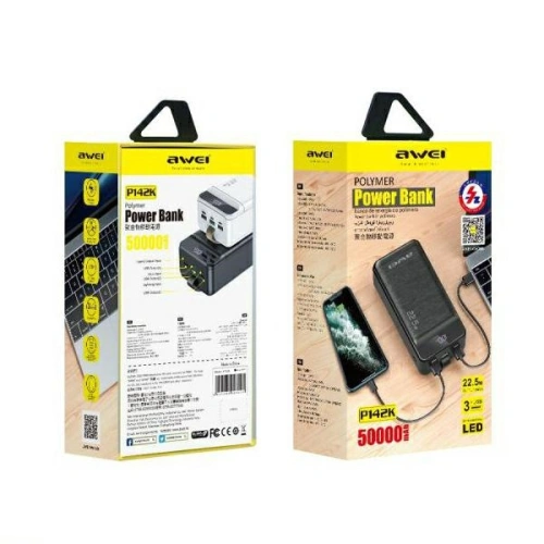 Powerbank AWEI P142K 50000mAh 22.5W czarny/black 3xUSB/PD/Lightning wyświetlacz + lampka LED