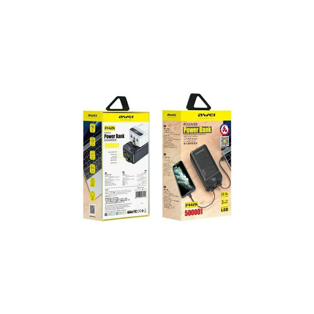 Wholesale AWEI P142K Powerbank 50000mAh 22.5W black 3xUSB/PD/Lightning display + LED light - AWEI141 - {ean13} - Hurt