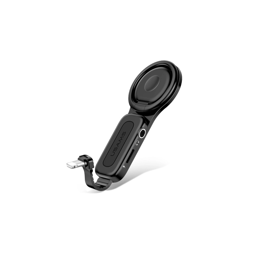 Hurtownia GSM - Adapter USAMS AU06 2w1 Lightning - 3,5mm + gyűrű tartó fekete/black (US-SJ275) - USA946 - {ean13} - Hurt