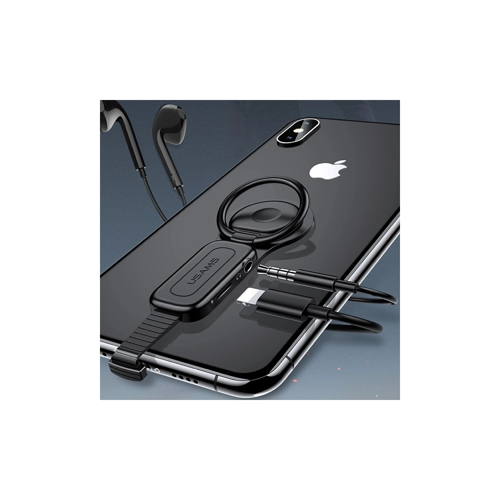 Hurtownia GSM - Adapter USAMS AU06 2w1 Lightning - 3,5mm + gyűrű tartó fekete/black (US-SJ275) - USA946 - {ean13} - Hurt