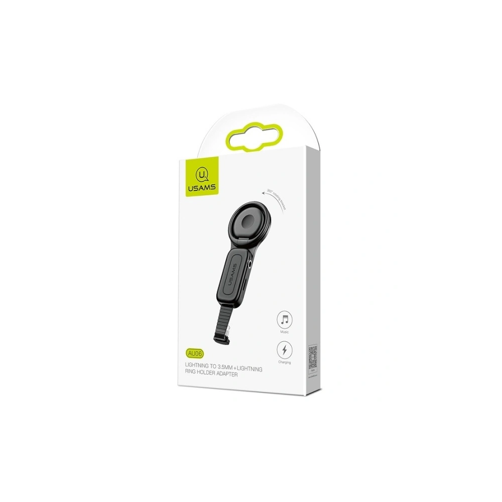 Hurtownia GSM - Adapter USAMS AU06 2w1 Lightning - 3,5mm + gyűrű tartó fekete/black (US-SJ275) - USA946 - {ean13} - Hurt
