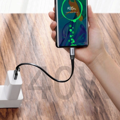 Płaski kabel Baseus Simple USB-A/USB-C SuperCharge 5A 40W Quick Charge 3.0 QC 3.0 23cm szary