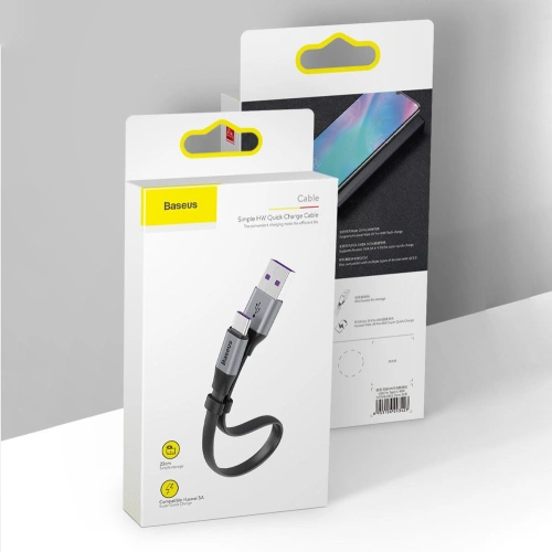 Płaski kabel Baseus Simple USB-A/USB-C SuperCharge 5A 40W Quick Charge 3.0 QC 3.0 23cm szary