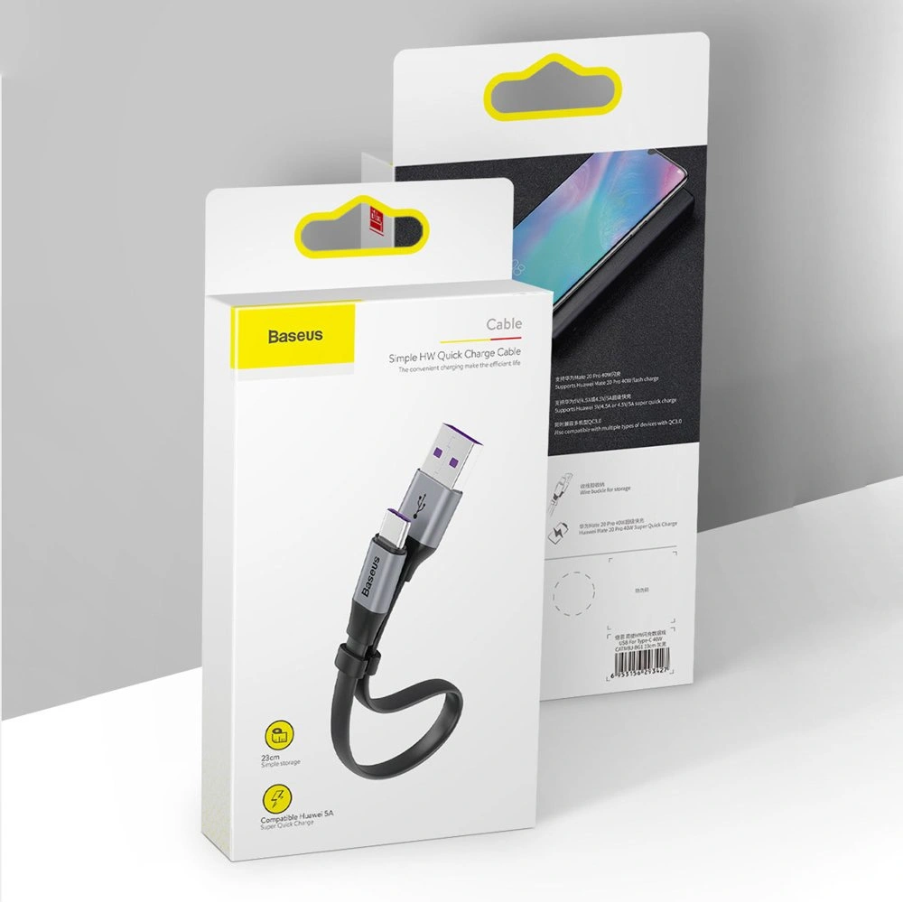 Hurtownia GSM - Cablul plat Baseus Simple USB-A/USB-C SuperCharge 5A 40W Quick Charge 3.0 QC 3.0 23cm gri - BSU4119 - {ean13} - Hurt