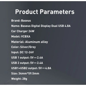Ładowarka samochodowa Baseus 2x USB 4,8A 24W LCD srebrny