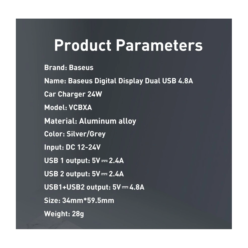 Hurtownia GSM - Autós töltő Baseus 2x USB 4,8A 24W LCD ezüst - BSU4128 - {ean13} - Hurt