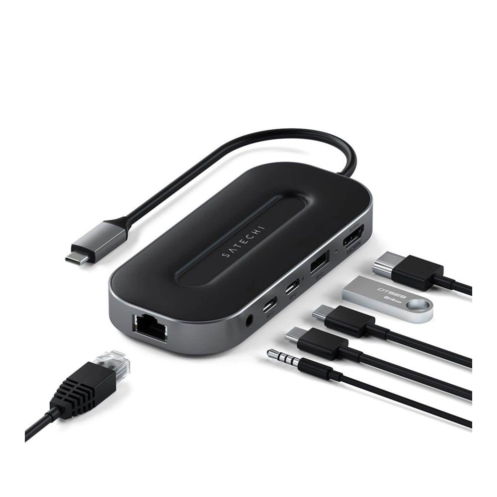 Hurtownia GSM - Adapter Satechi Multiport-Adapter USB-C (2x UBS-C, USB-A, 8K HDMI, 2.5G Ethernet, Klinkenanschluss) (space gray) - STH43 - {ean13} - Hurt