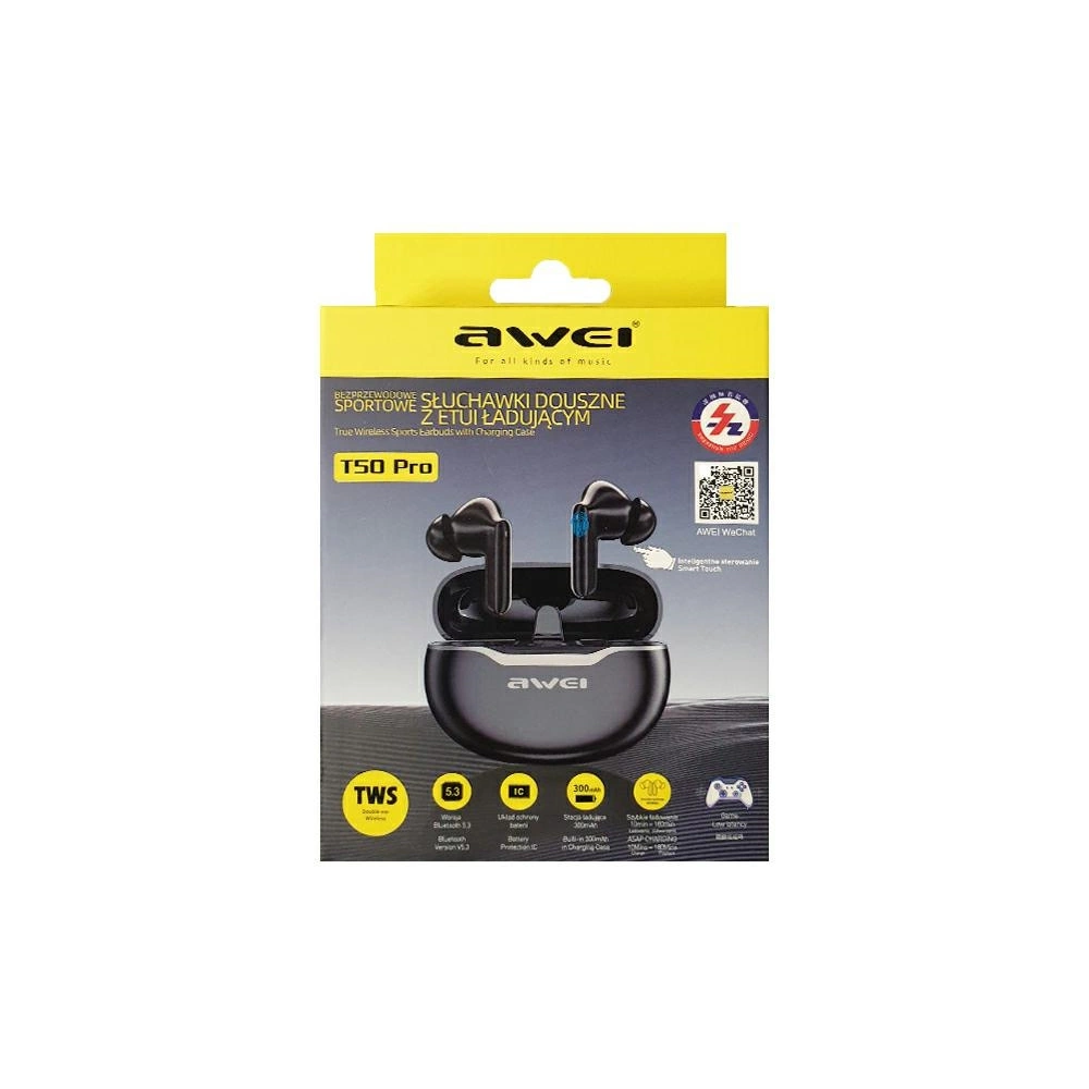 Hurtownia GSM - Sluchátka TWS AWEI T50 Bluetooth 5.3 ENC + dokovací stanice černá/black - AWEI145 - {ean13} - Hurt
