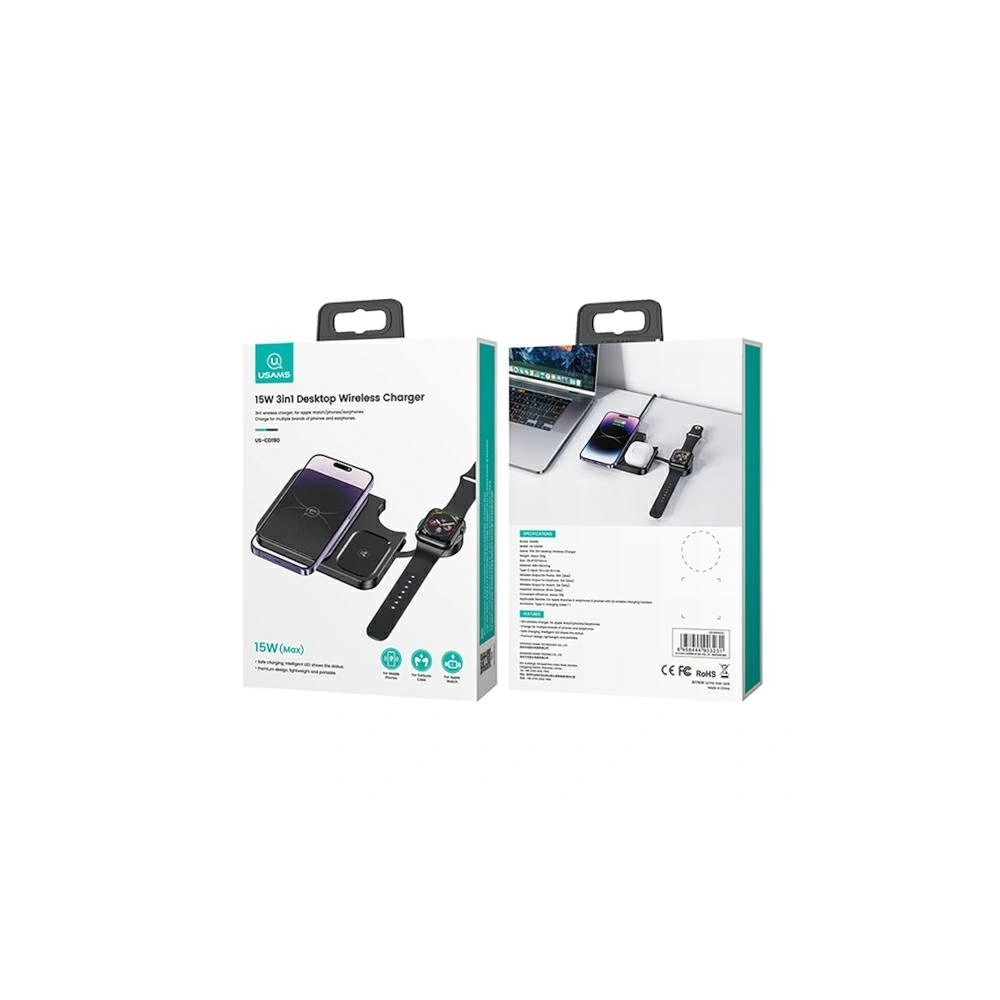 Hurtownia GSM - USAMS vezeték nélküli töltő 3w1 15W fekete/black (US-CD190) - USA963 - {ean13} - Hurt