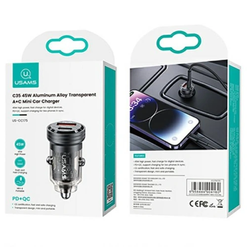 Ładowarka samochodowa USAMS C35 USB-A+USB-C 45W Fast Charge czarny/black (US-CC175)