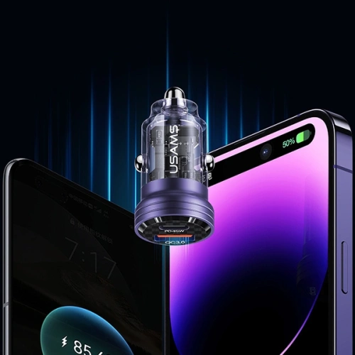 Ładowarka samochodowa USAMS C35 USB-A+USB-C 45W Fast Charge fioletowy/purple (US-CC175)