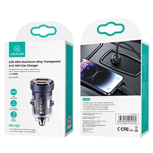 Ładowarka samochodowa USAMS C35 USB-A+USB-C 45W Fast Charge fioletowy/purple (US-CC175)