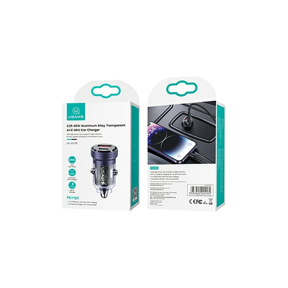 Hurtownia GSM - Încărcător auto USAMS C35 USB-A+USB-C 45W Încărcare rapidă violet/purple (US-CC175) - USA965 - {ean13} - Hurt