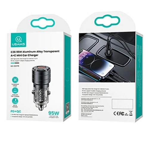 Ładowarka samochodowa USAMS C36 USB-A+USB-C 95W Fast Charge czarny/black (US-CC176)