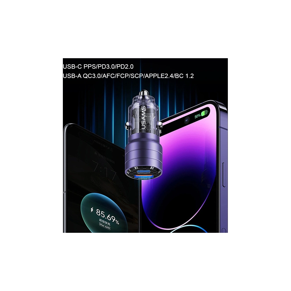 Hurtownia GSM - Încărcător auto USAMS C36 USB-A+USB-C 95W Încărcare rapidă violet/purple (US-CC176) - USA967 - {ean13} - Hurt