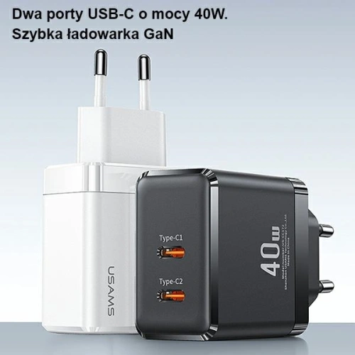 Ładowarka sieciowa USAMS 2xUSB-C T54 40W PD Fast Charging biały/white (US-CC172)