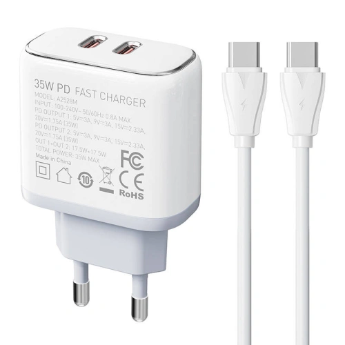 Ładowarka sieciowa LDNIO A2528C 2xUSB-C 35W + kabel USB-C/USB-C
