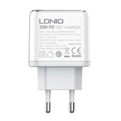 Ładowarka sieciowa LDNIO A2528C 2xUSB-C 35W + kabel USB-C/USB-C