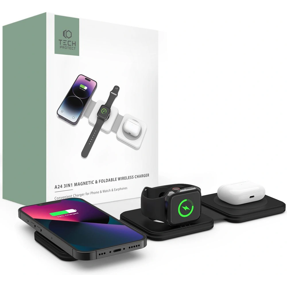 Hurtownia GSM - Bezdrátová nabíječka Tech-Protect QI15W-A24 3in1 Magnetic Wireless Charger MagSafe Černá - THP1986 - {ean13} - Hurt