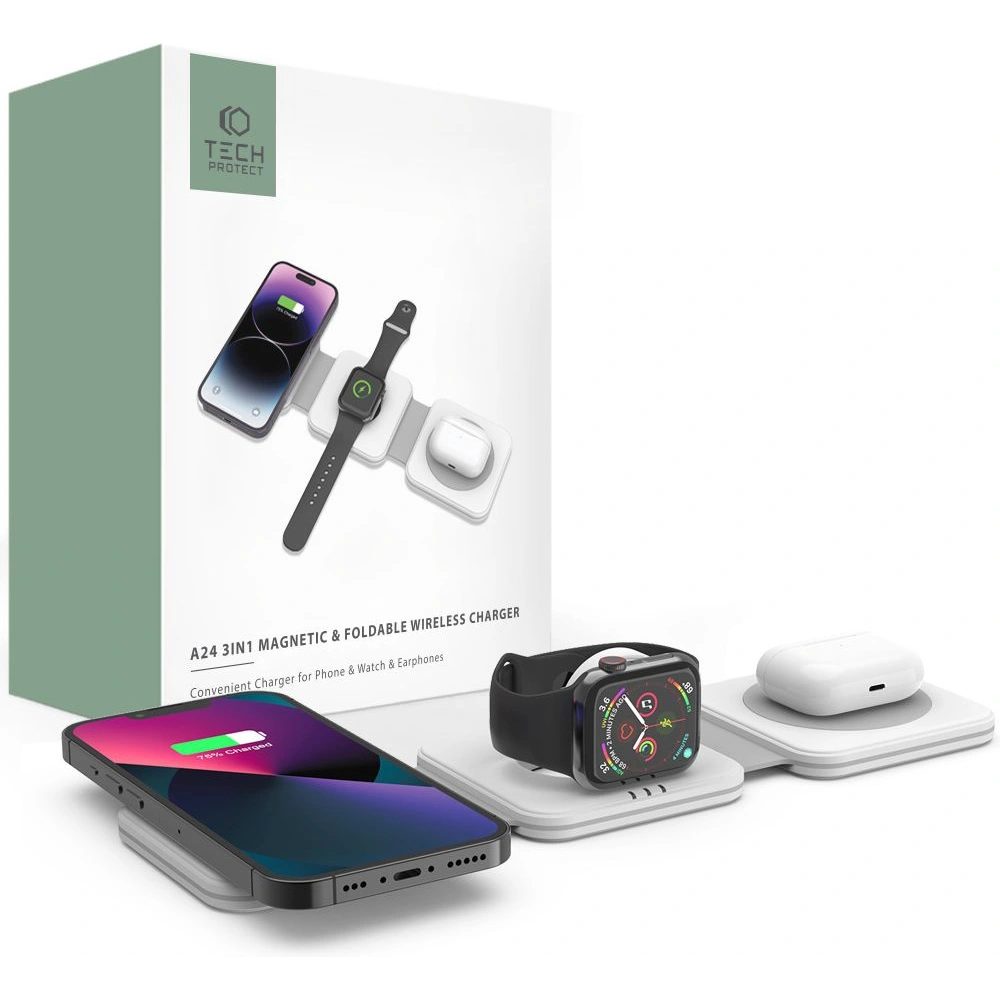 Hurtownia GSM - Încărcător wireless Tech-Protect QI15W-A24 3in1 Magnetic Wireless Charger MagSafe Alb - THP1987 - {ean13} - Hurt